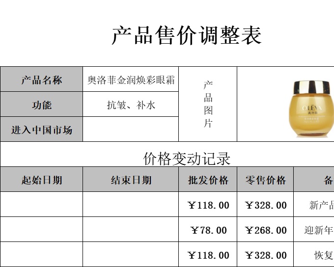 产品售价调整表产品销售excel模板