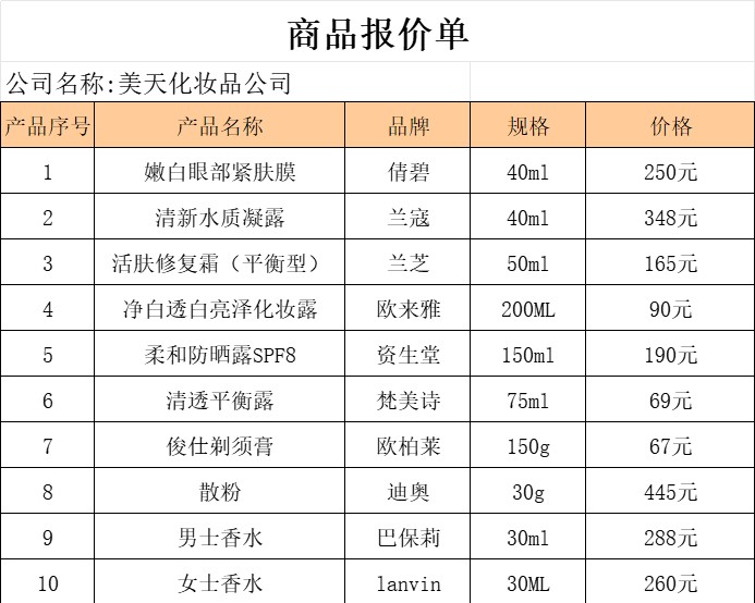 商品报价单产品销售excel模板