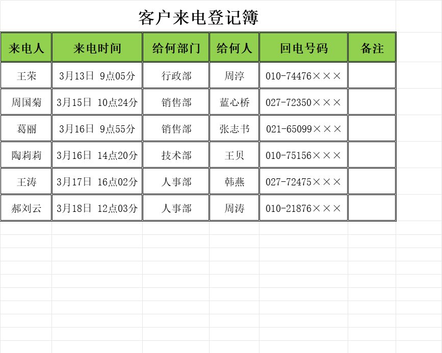 客户来电登记簿产品销售excel模板