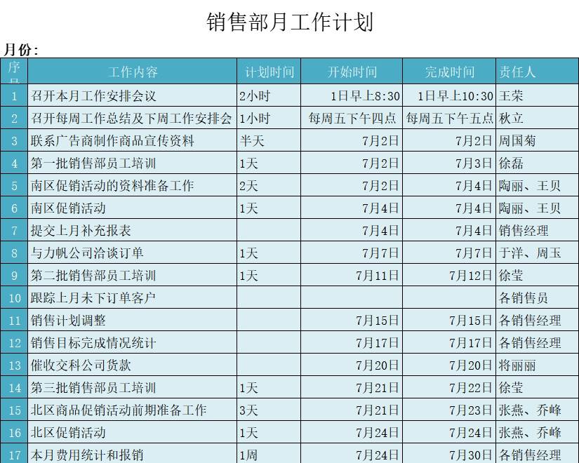 销售部月度工作计划产品销售excel模板