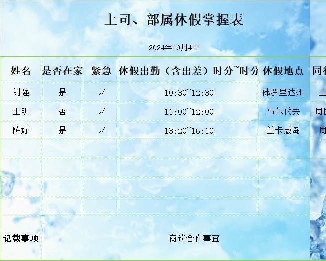 上司、部属休假掌握表行政人事excel模板