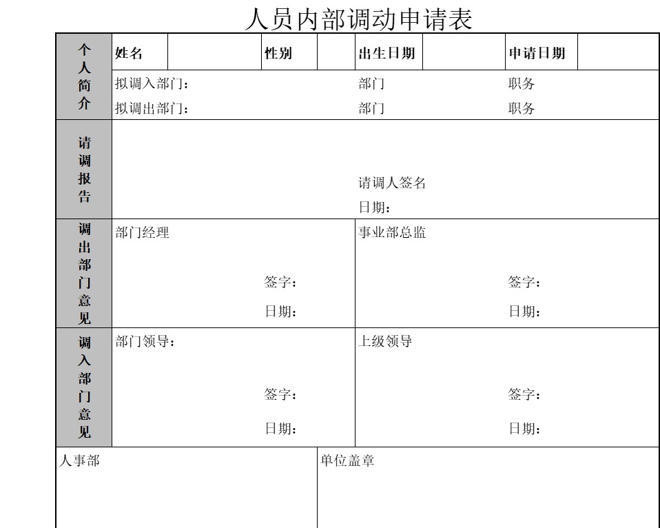 人员内部调动申请表行政人事excel模板