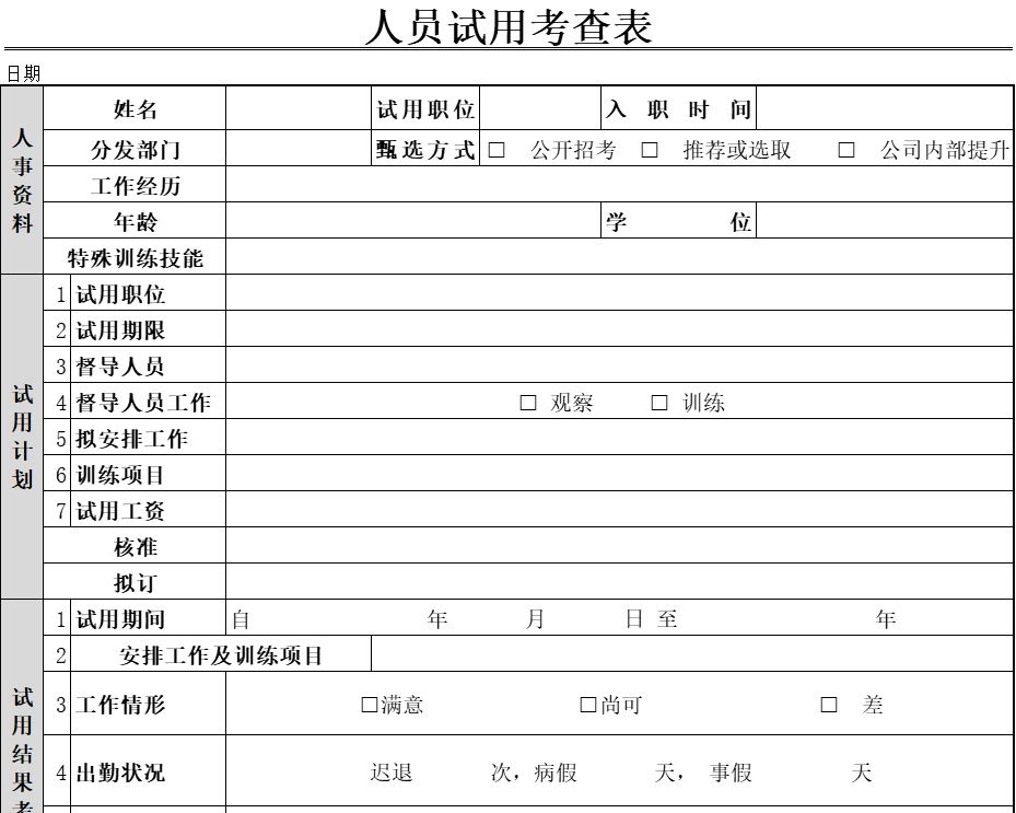 人员试用考查表行政人事excel模板