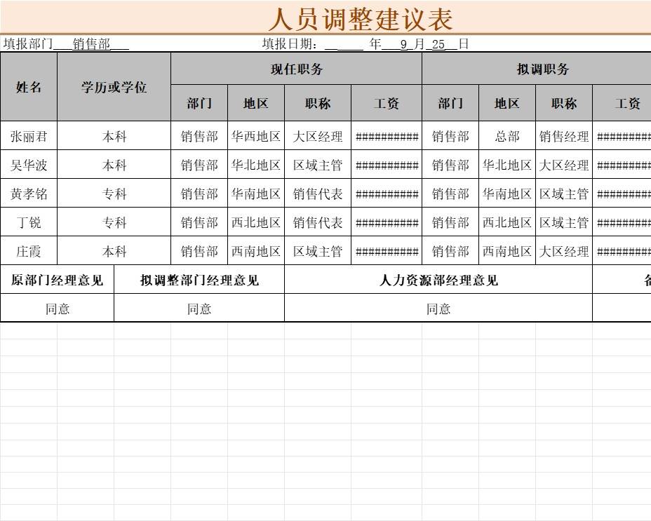 人员调整建议表行政人事excel模板
