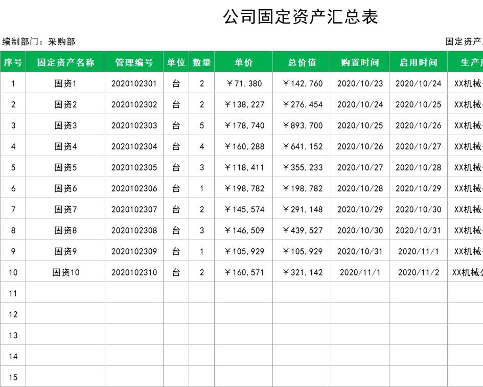 公司固定资产汇总表行政人事excel模板