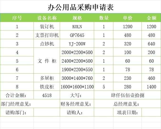办公用品采购申请表行政人事excel模板