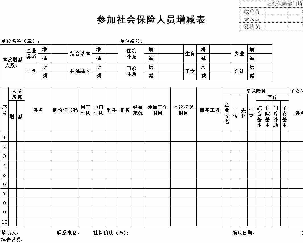 参加社会保险人员增减表行政人事excel模板