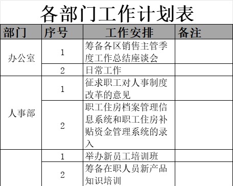 各部门工作计划表行政人事excel模板