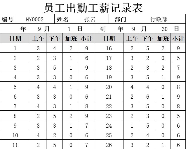 员工出勤工薪记录表行政人事excel模板
