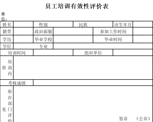 员工培训评价表行政人事excel模板