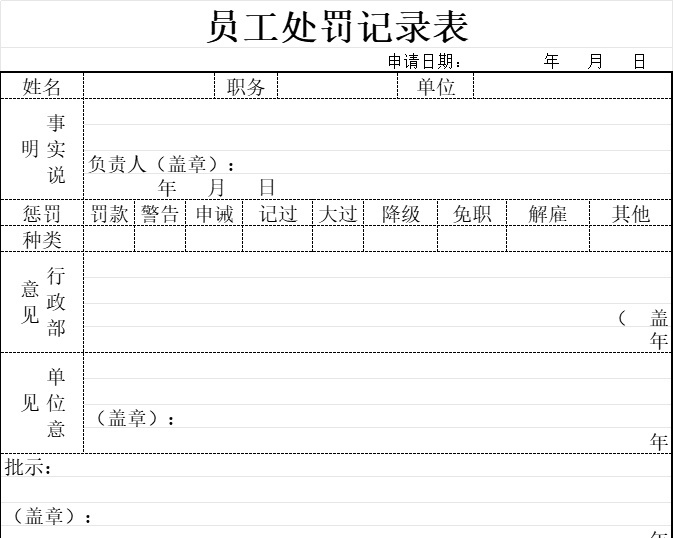 员工处罚记录表行政人事excel模板