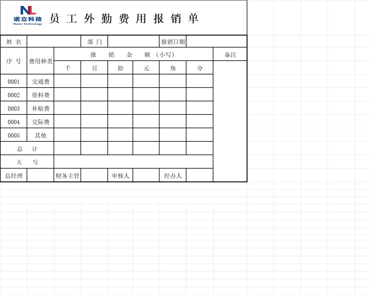 员工外勤费用报销单行政人事excel模板
