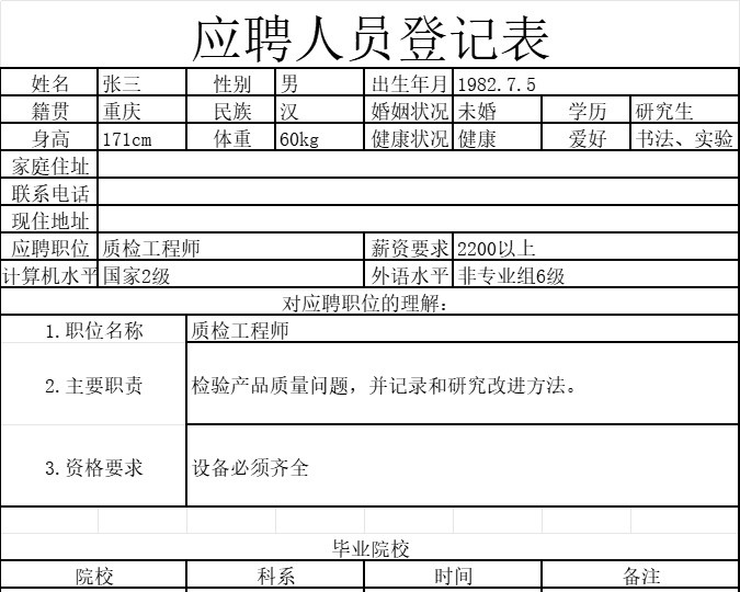 员工招聘表2行政人事excel模板
