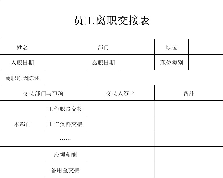 员工离职交接表行政人事excel模板
