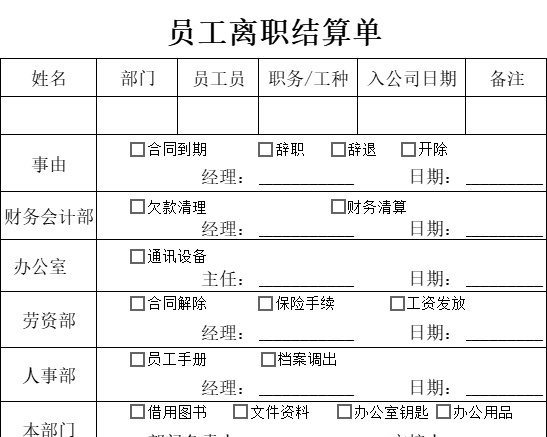 员工离职结算表行政人事excel模板