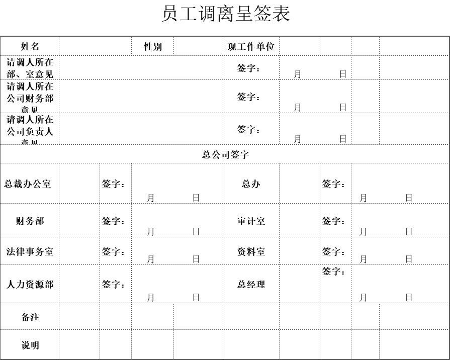 员工调离呈签表行政人事excel模板