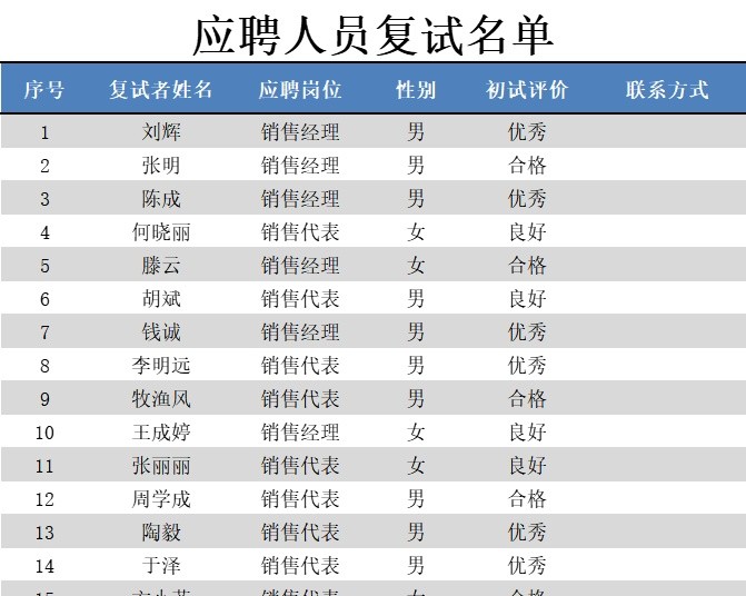 应聘人员复试名单行政人事excel模板