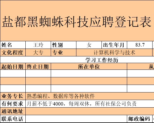 应聘登记表行政人事excel模板
