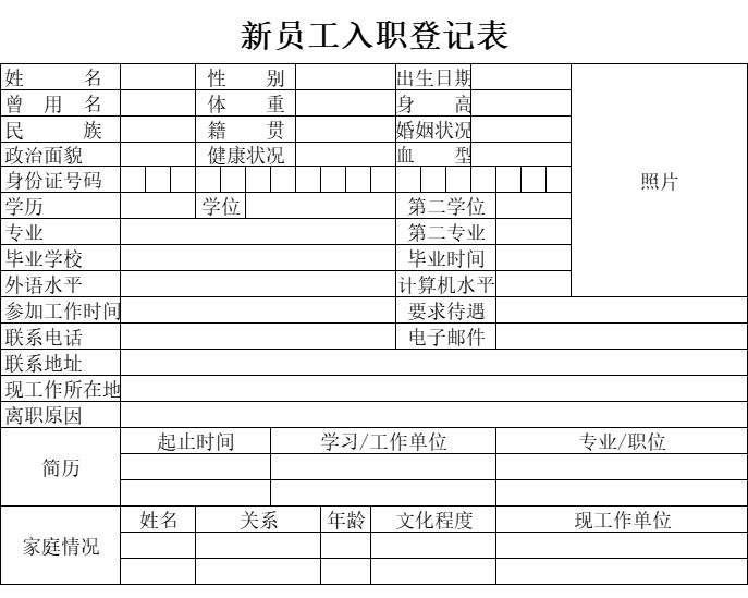 新员工入职登记表行政人事excel模板