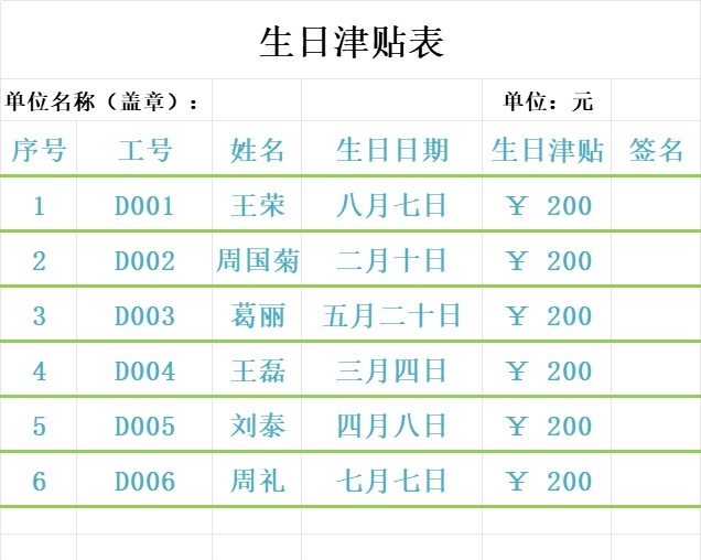 生日津贴表行政人事excel模板