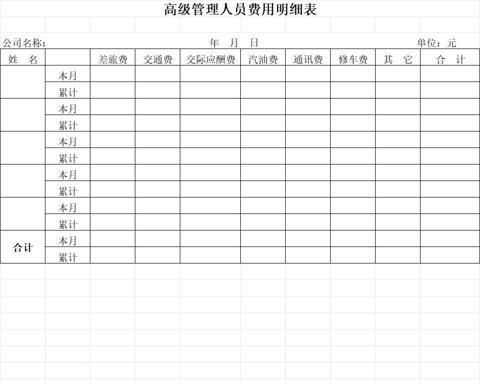 高级管理人员费用明细表行政人事excel模板